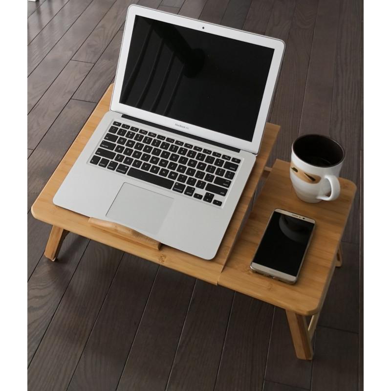 Multi Function Bamboo Lapdesk Table Laptop Stand Breakfast Trays Bed Serving Tray - Adjustable Legs - Portable & Foldable - Tilting Top Angles - Large Size