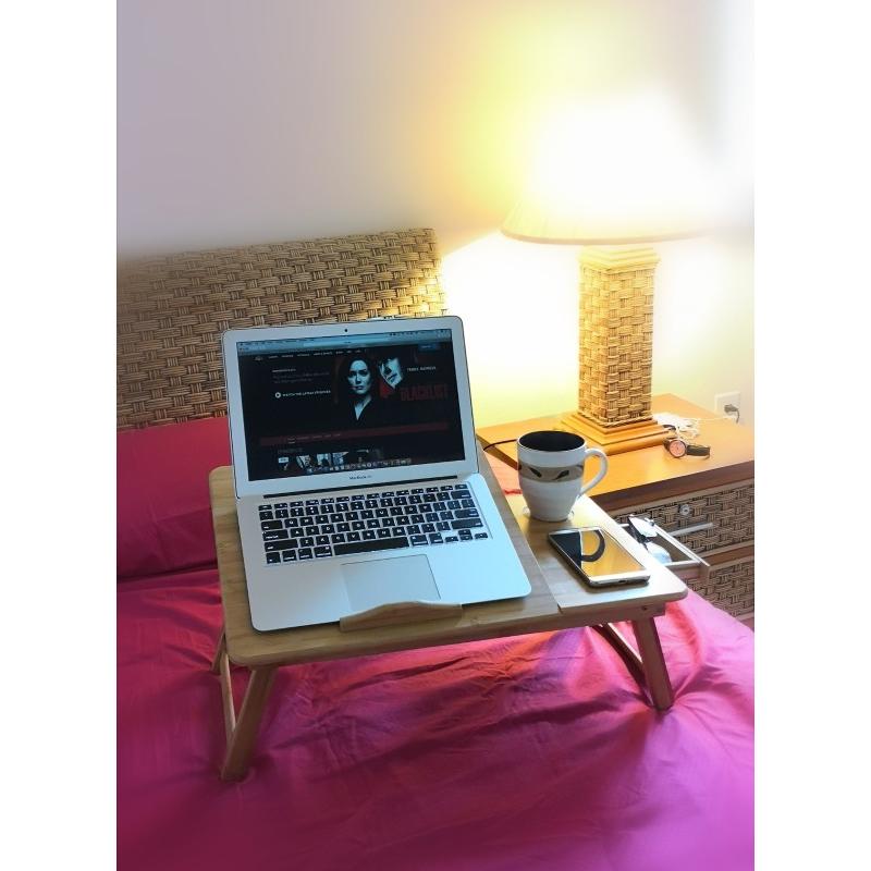 Multi Function Bamboo Lapdesk Table Laptop Stand Breakfast Trays Bed Serving Tray - Adjustable Legs - Portable & Foldable - Tilting Top Angles - Large Size