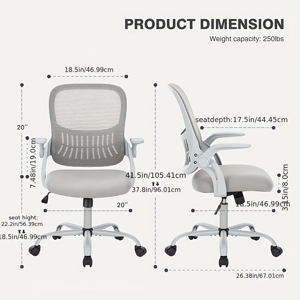 Office Computer Desk Chair, Ergonomic Mid-Back Mesh Rolling Work Swivel Task Chairs with Comfortable Lumbar Support, Wheels, Comfy Flip-up Arms for Home, Bedroom, Study, Student