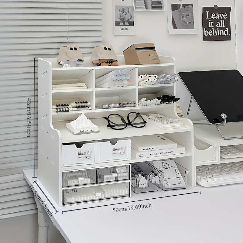 1pc 2-Tier Desk Organizer & Drawer Storage|with Tilt Pen Holder, Raised Bookshelf |Matte White PVC for Stationery, Cosmetics, Office Supplies |Space-Saving Partition Box Dormitory Storage Box\u002Fmodern\u002Fpartition Storage Box, Desk Sto...