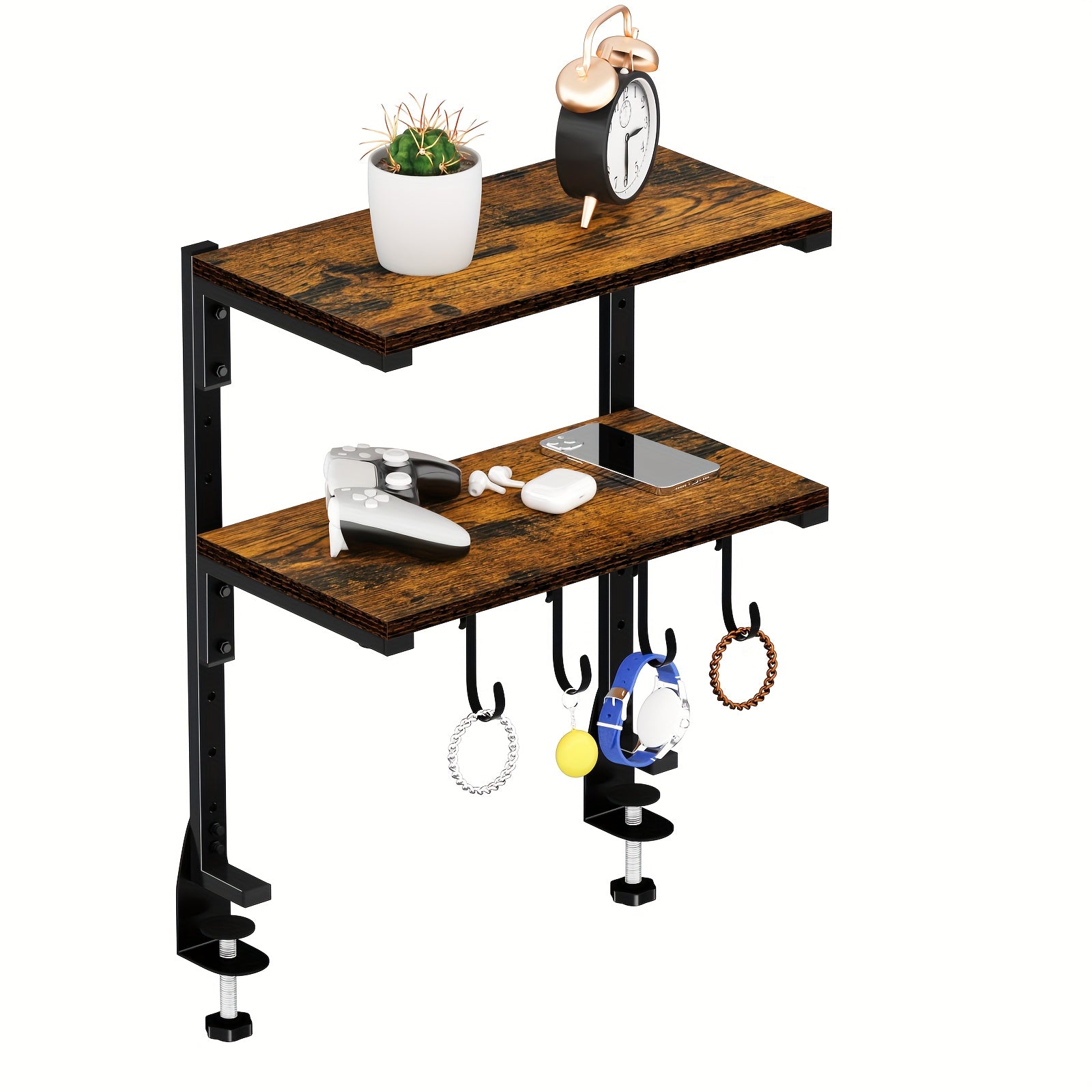 Clamp On Desk Organizer Shelf, Metal Desk Extender Side Table, 13 Inch Clamp-on Above Or Under Desktop Storage Shelf, 2 Tier Adjustable Desk Extension Shelving Unit for Table Accessories