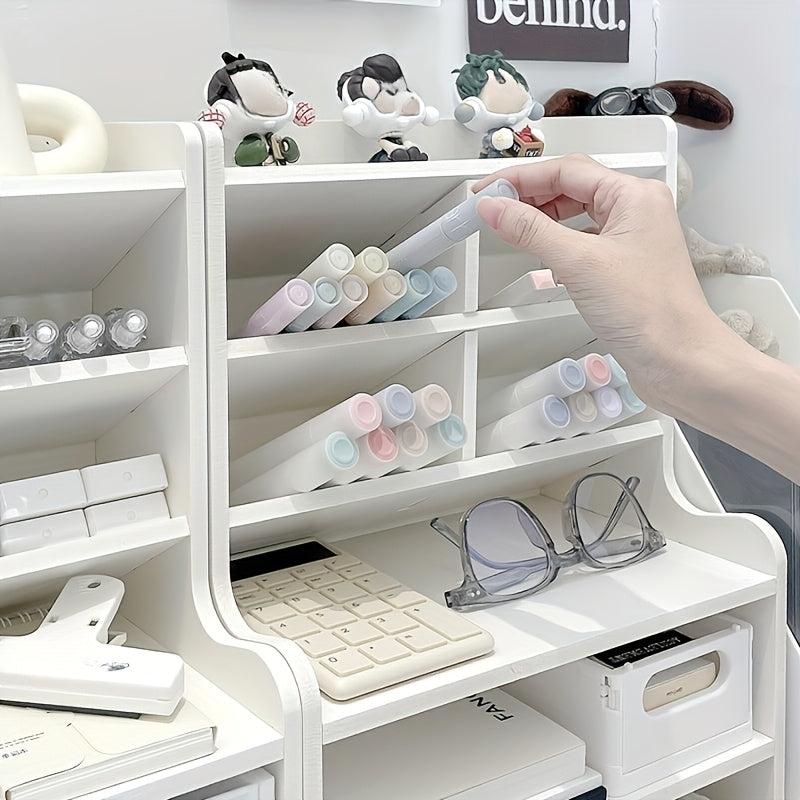 1pc 2-Tier Desk Organizer & Drawer Storage|with Tilt Pen Holder, Raised Bookshelf |Matte White PVC for Stationery, Cosmetics, Office Supplies |Space-Saving Partition Box Dormitory Storage Box\u002Fmodern\u002Fpartition Storage Box, Desk Sto...