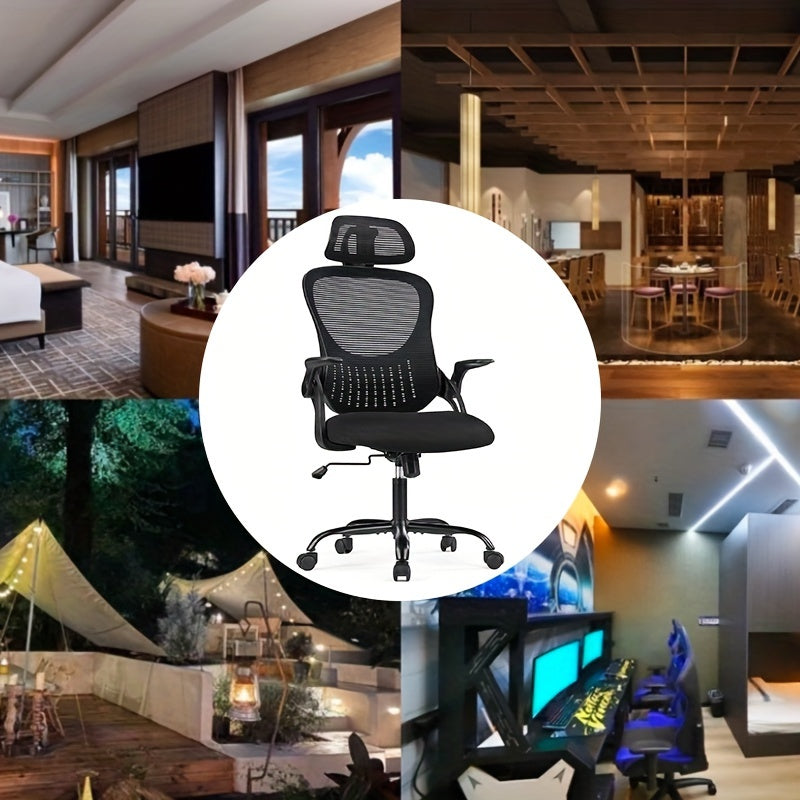 Ergonomic High Back Mesh Chair with Adjustable Headrest, Flip-up Armrests And Lumbar Support-Stainless Steel Frame, Comfortable Padded Seat On 5 Wheels for Easy Mobility-Ideal for Lab Workers
