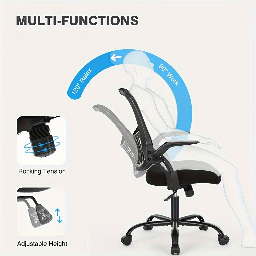 Office Computer Desk Chair, Ergonomic Mid-Back Mesh Rolling Work Swivel Task Chairs with Comfortable Lumbar Support, Wheels, Comfy Flip-up Arms for Home, Bedroom, Study, Student