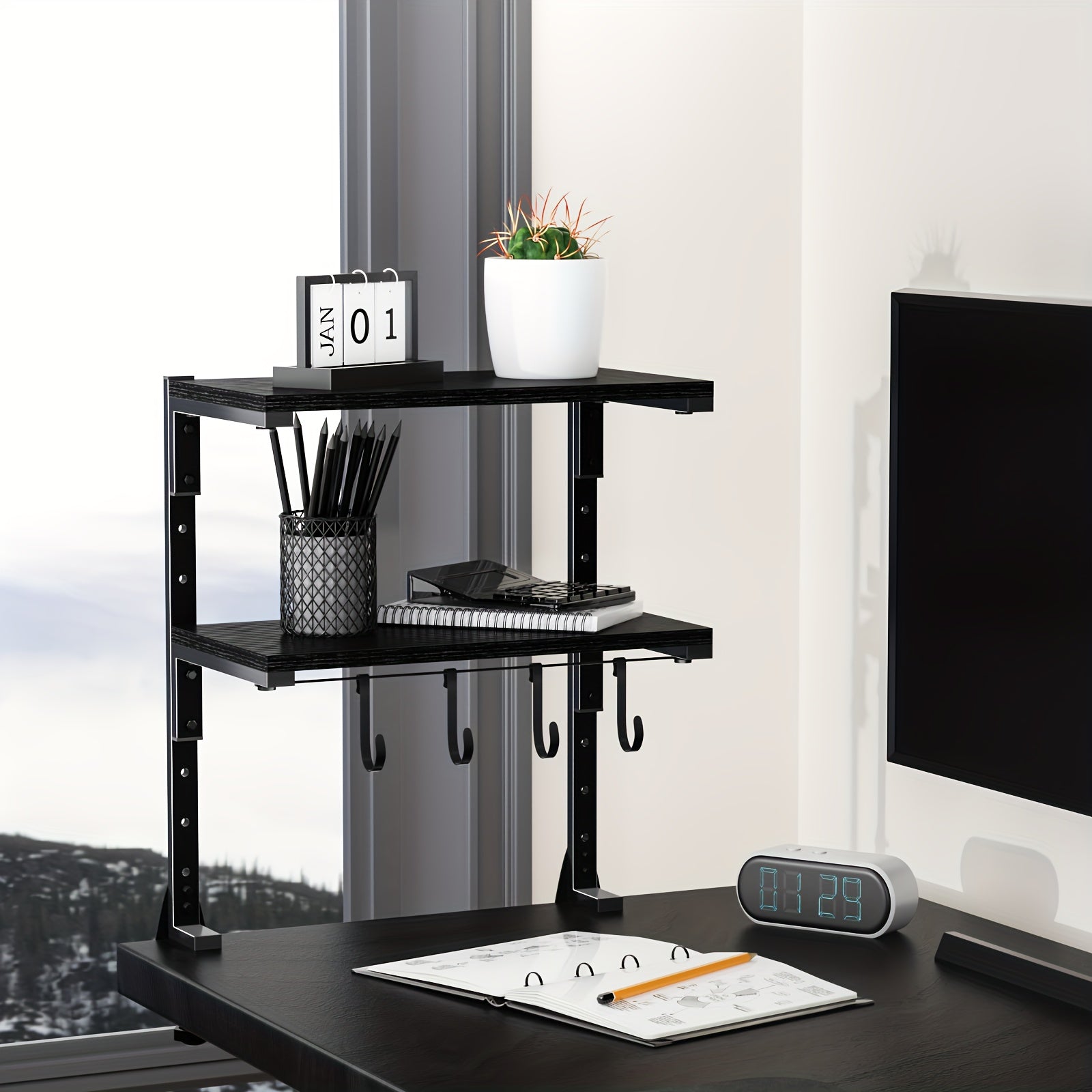 Clamp On Desk Organizer Shelf, Metal Desk Extender Side Table, 13 Inch Clamp-on Above Or Under Desktop Storage Shelf, 2 Tier Adjustable Desk Extension Shelving Unit for Table Accessories