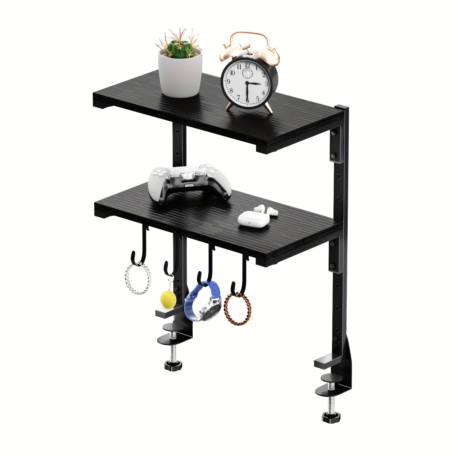 Clamp On Desk Organizer Shelf, Metal Desk Extender Side Table, 13 Inch Clamp-on Above Or Under Desktop Storage Shelf, 2 Tier Adjustable Desk Extension Shelving Unit for Table Accessories