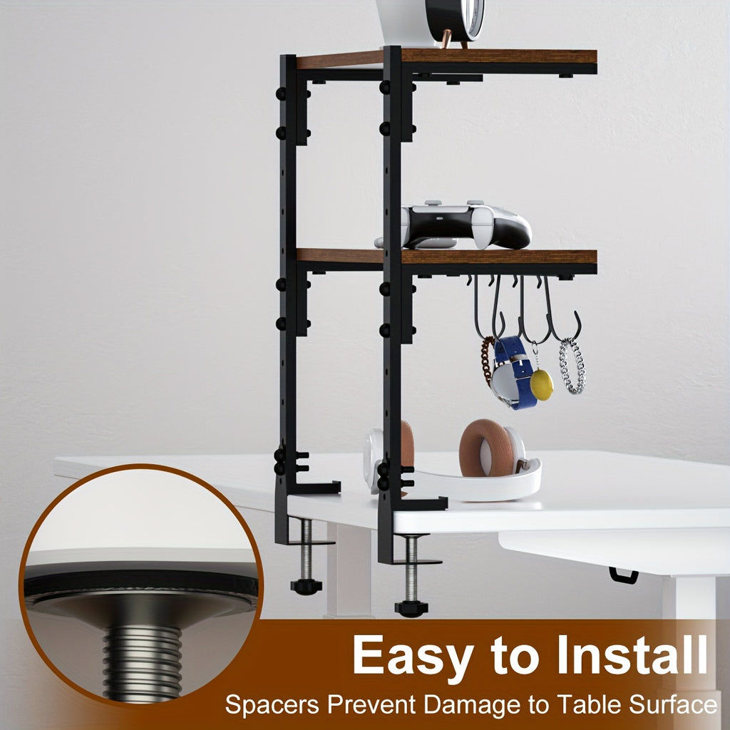 Clamp On Desk Organizer Shelf, Metal Desk Extender Side Table, 13 Inch Clamp-on Above Or Under Desktop Storage Shelf, 2 Tier Adjustable Desk Extension Shelving Unit for Table Accessories