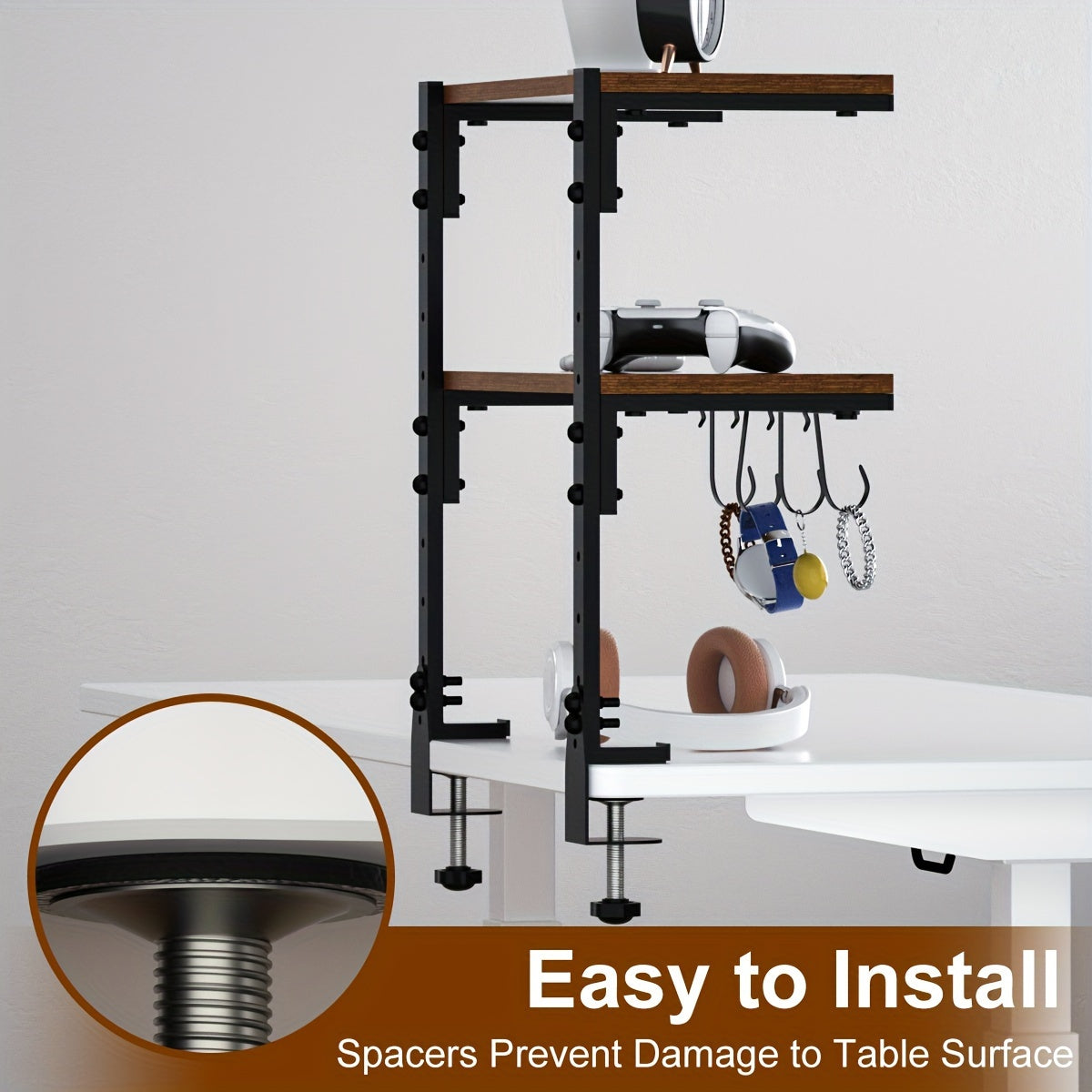 Clamp On Desk Organizer Shelf, Metal Desk Extender Side Table, 13 Inch Clamp-on Above Or Under Desktop Storage Shelf, 2 Tier Adjustable Desk Extension Shelving Unit for Table Accessories