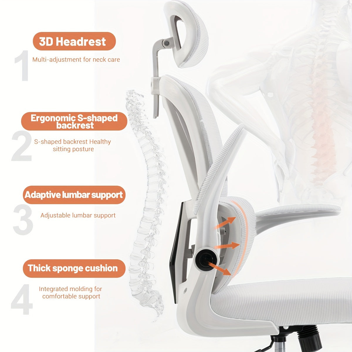 XUEGW Ergonomic Office Chair for Comfort at Home, Adjustable High Back Mesh Chair with Lumbar Support And Flip-Up Arms, Ideal for Work, Study, And Gaming