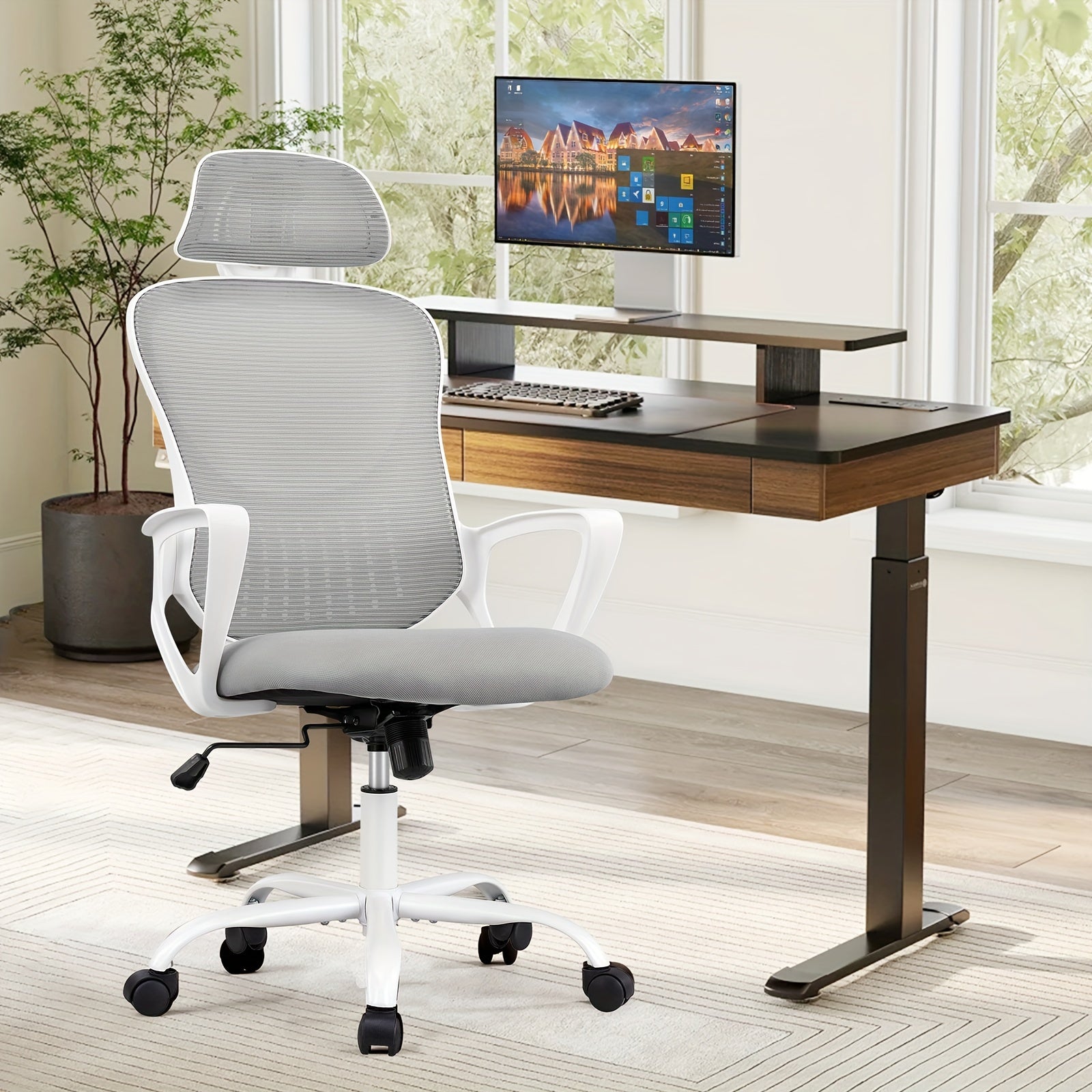 Ergonomic Gaming Chair Ergonomic Office Desk Computer Chair, High Back Comfy Swivel Home Gaming Mesh Chairs With Wheels, Adjustable Headrest, Comfortable Lumbar Support, Flip-up Arms, 144° Tilt For Study