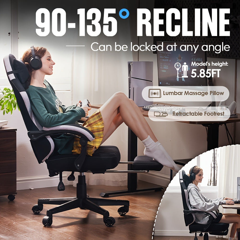 Adult Gaming Chair, Big & Tall Breathable Fabric With Pocketed Spring Cushion & Massage Lumbar Support, Ergonomic High Back Office Chair With Adjustable Headrest\u002FFootrest, 300LBS Weight Capacity, Black, Gray, White, Green And 7 Other Colors