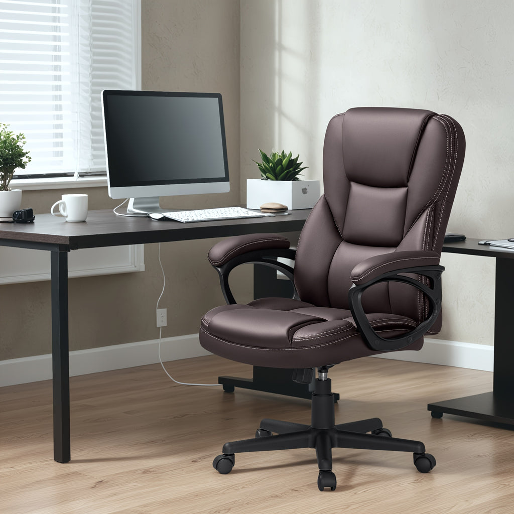 on Ergonomic Executive Office Chairs Featuring a High Back, Adjustable Height, Leather Upholstery, a Comfortable Headrest, Thick Cushioned Armrests, And Lumbar Support. Ideal for Both Home And Office Use