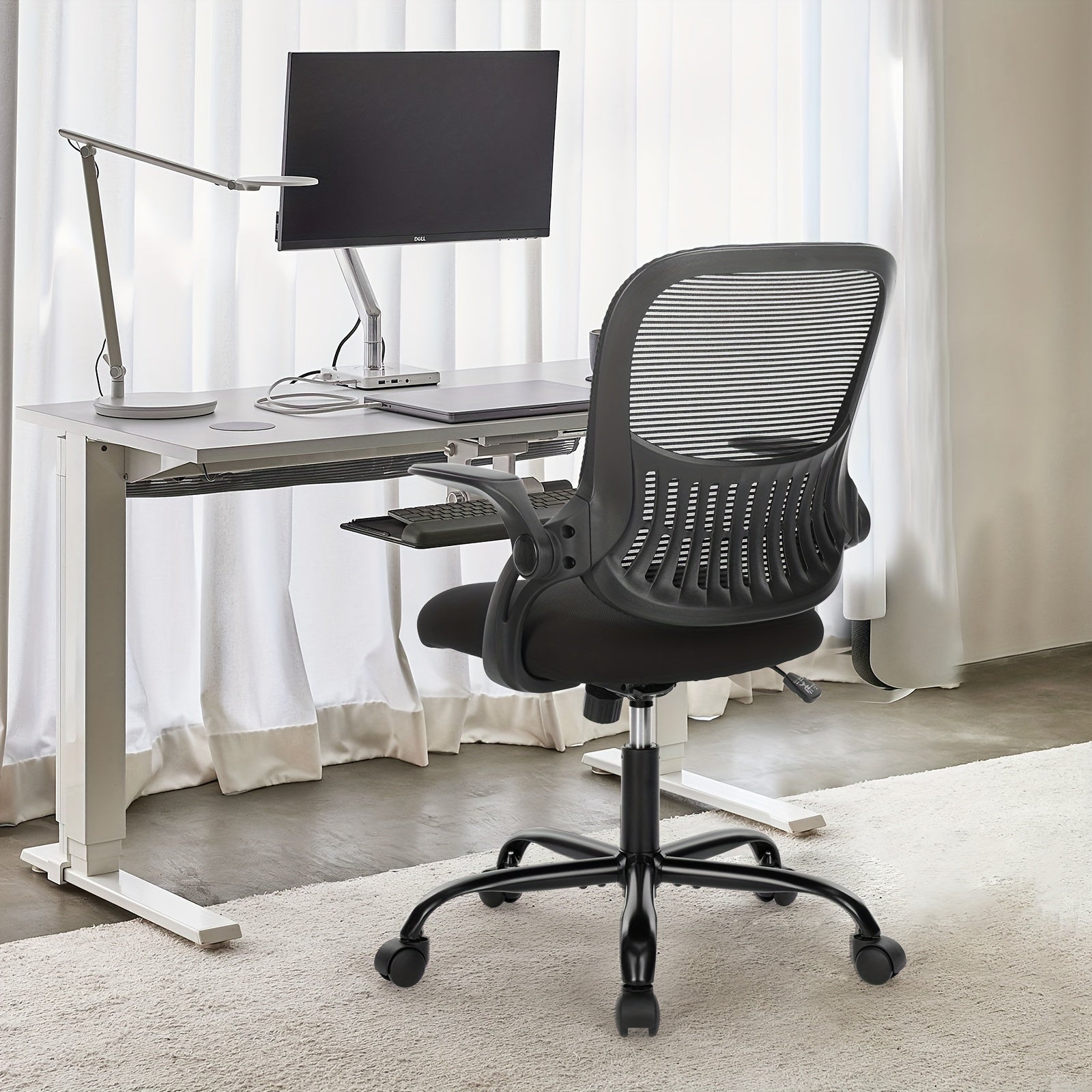 Office Computer Desk Chair, Ergonomic Mid-Back Mesh Rolling Work Swivel Task Chairs with Comfortable Lumbar Support, Wheels, Comfy Flip-up Arms for Home, Bedroom, Study, Student