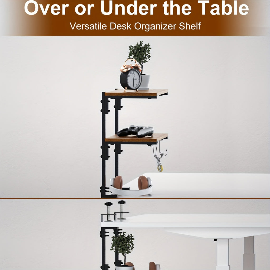 Clamp On Desk Organizer Shelf, Metal Desk Extender Side Table, 13 Inch Clamp-on Above Or Under Desktop Storage Shelf, 2 Tier Adjustable Desk Extension Shelving Unit for Table Accessories