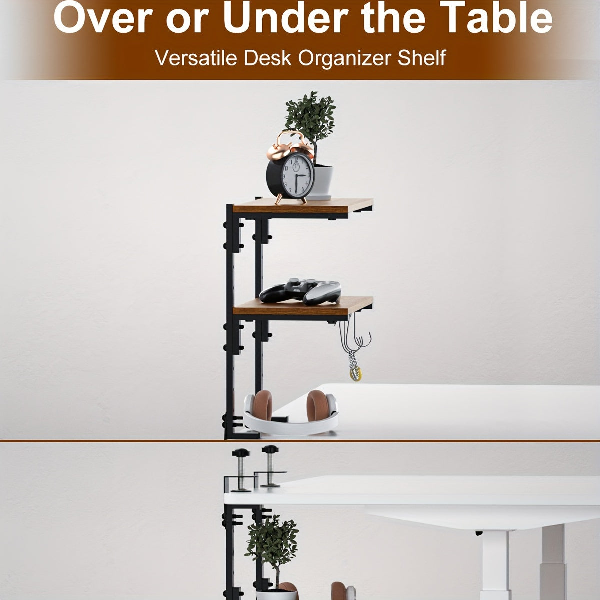 Clamp On Desk Organizer Shelf, Metal Desk Extender Side Table, 13 Inch Clamp-on Above Or Under Desktop Storage Shelf, 2 Tier Adjustable Desk Extension Shelving Unit for Table Accessories