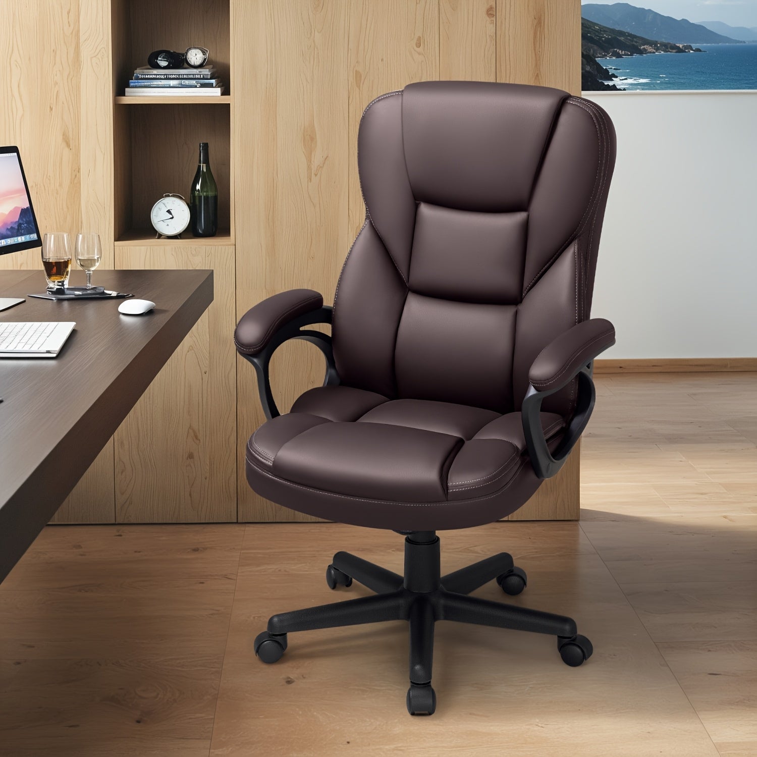 on Ergonomic Executive Office Chairs Featuring a High Back, Adjustable Height, Leather Upholstery, a Comfortable Headrest, Thick Cushioned Armrests, And Lumbar Support. Ideal for Both Home And Office Use