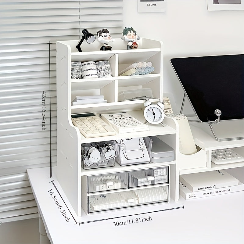 1pc 2-Tier Desk Organizer & Drawer Storage|with Tilt Pen Holder, Raised Bookshelf |Matte White PVC for Stationery, Cosmetics, Office Supplies |Space-Saving Partition Box Dormitory Storage Box\u002Fmodern\u002Fpartition Storage Box, Desk Sto...