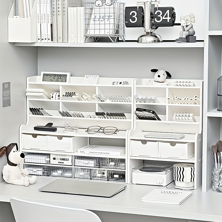 1pc 2-Tier Desk Organizer & Drawer Storage|with Tilt Pen Holder, Raised Bookshelf |Matte White PVC for Stationery, Cosmetics, Office Supplies |Space-Saving Partition Box Dormitory Storage Box\u002Fmodern\u002Fpartition Storage Box, Desk Sto...