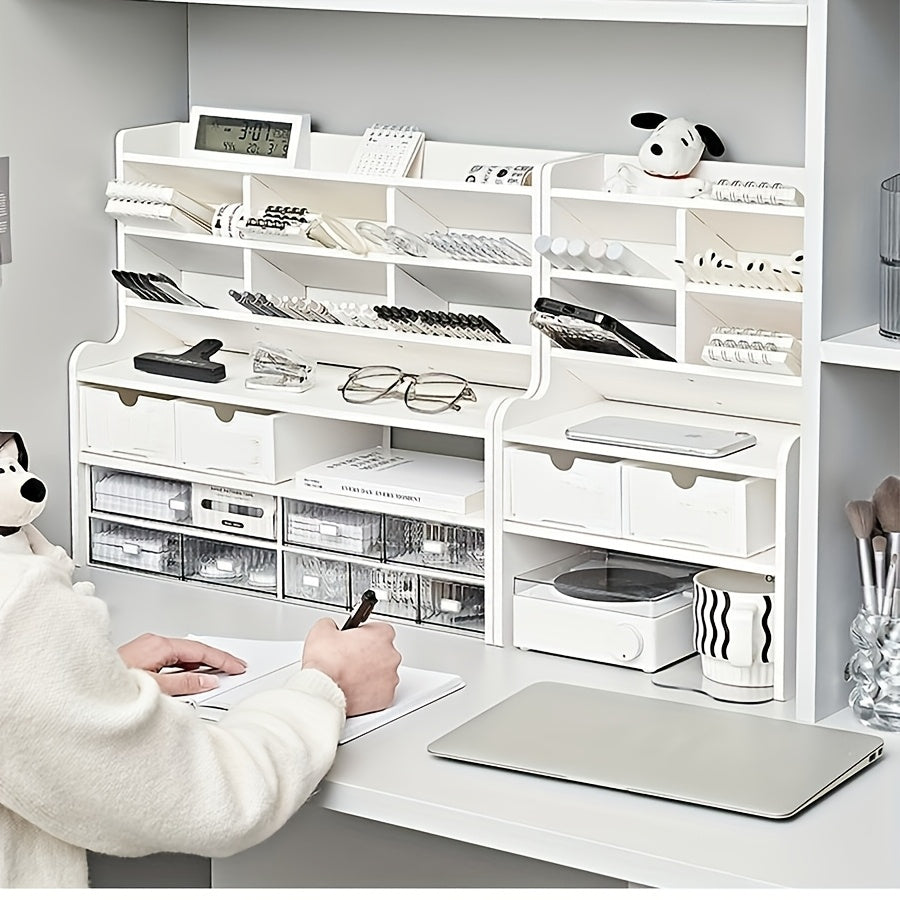 1pc 2-Tier Desk Organizer & Drawer Storage|with Tilt Pen Holder, Raised Bookshelf |Matte White PVC for Stationery, Cosmetics, Office Supplies |Space-Saving Partition Box Dormitory Storage Box\u002Fmodern\u002Fpartition Storage Box, Desk Sto...