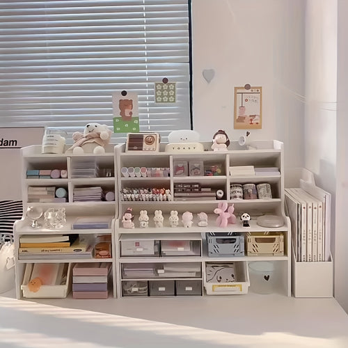 1pc 2-Tier Desk Organizer & Drawer Storage|with Tilt Pen Holder, Raised Bookshelf |Matte White PVC for Stationery, Cosmetics, Office Supplies |Space-Saving Partition Box Dormitory Storage Box\u002Fmodern\u002Fpartition Storage Box, Desk Sto...