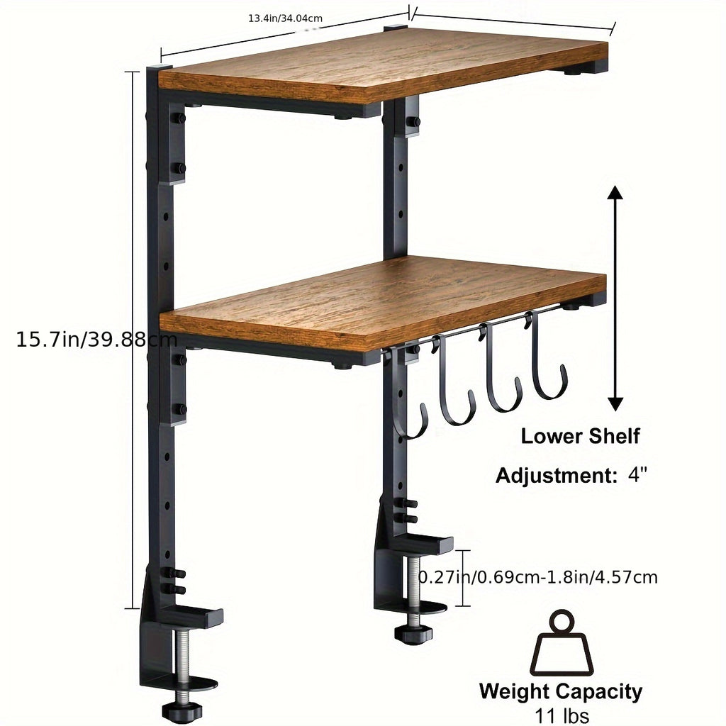 Clamp On Desk Organizer Shelf, Metal Desk Extender Side Table, 13 Inch Clamp-on Above Or Under Desktop Storage Shelf, 2 Tier Adjustable Desk Extension Shelving Unit for Table Accessories