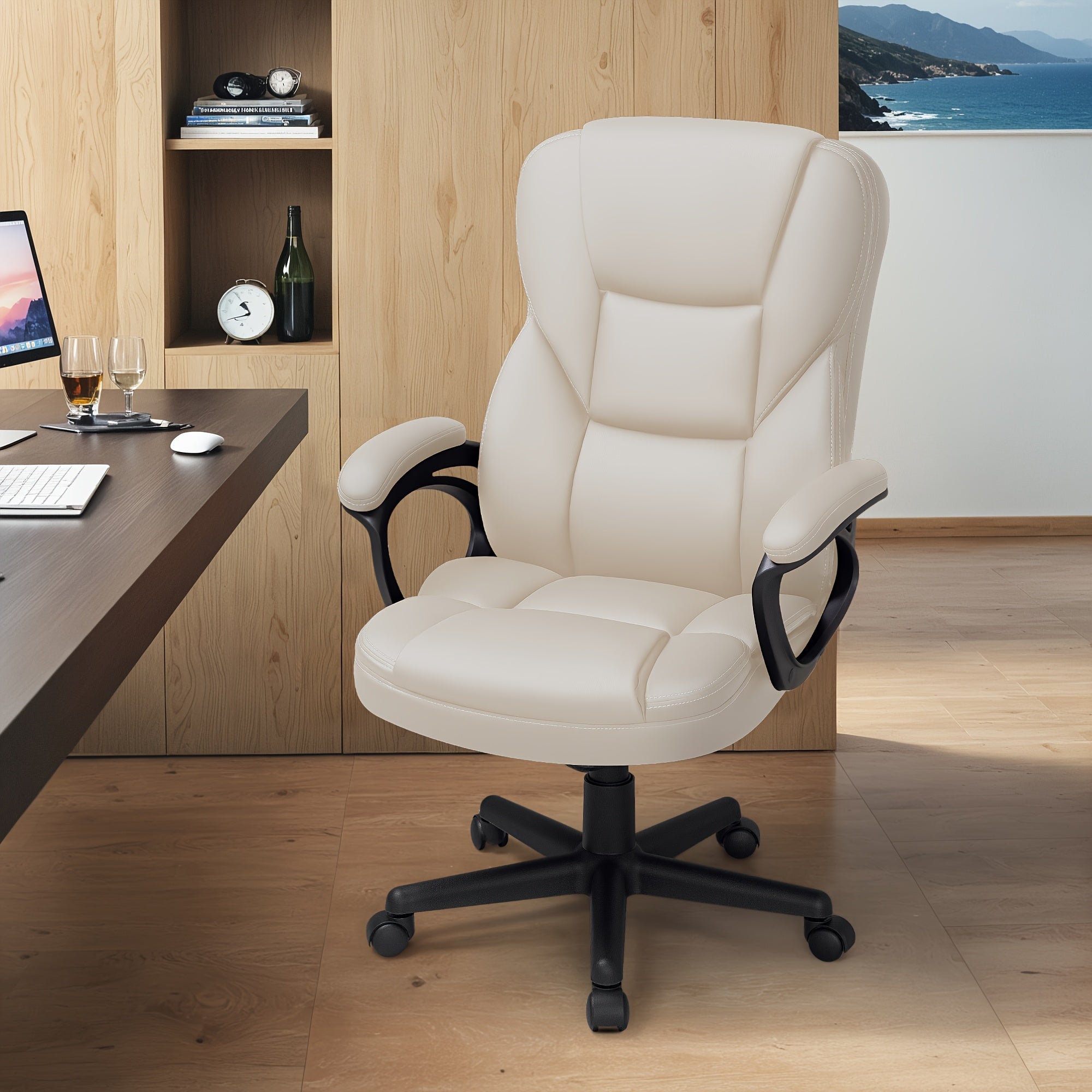 on Ergonomic Executive Office Chairs Featuring a High Back, Adjustable Height, Leather Upholstery, a Comfortable Headrest, Thick Cushioned Armrests, And Lumbar Support. Ideal for Both Home And Office Use