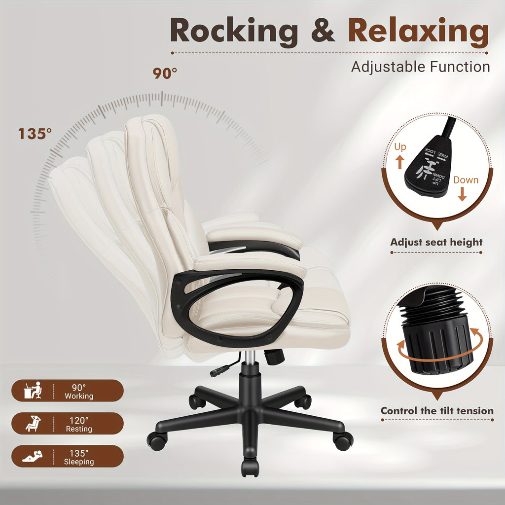 on Ergonomic Executive Office Chairs Featuring a High Back, Adjustable Height, Leather Upholstery, a Comfortable Headrest, Thick Cushioned Armrests, And Lumbar Support. Ideal for Both Home And Office Use