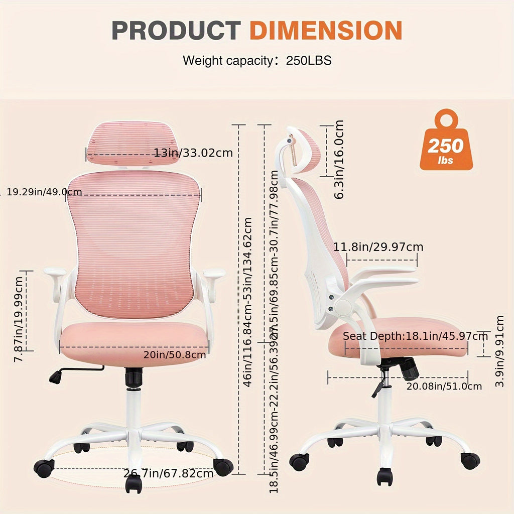 Ergonomic Gaming Chair Ergonomic Office Desk Computer Chair, High Back Comfy Swivel Home Gaming Mesh Chairs With Wheels, Adjustable Headrest, Comfortable Lumbar Support, Flip-up Arms, 144° Tilt For Study