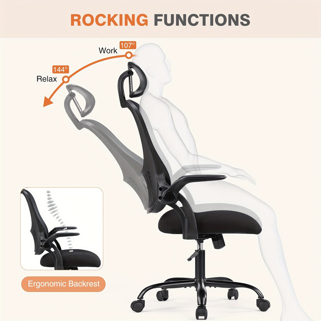 Ergonomic High Back Mesh Chair with Adjustable Headrest, Flip-up Armrests And Lumbar Support-Stainless Steel Frame, Comfortable Padded Seat On 5 Wheels for Easy Mobility-Ideal for Lab Workers