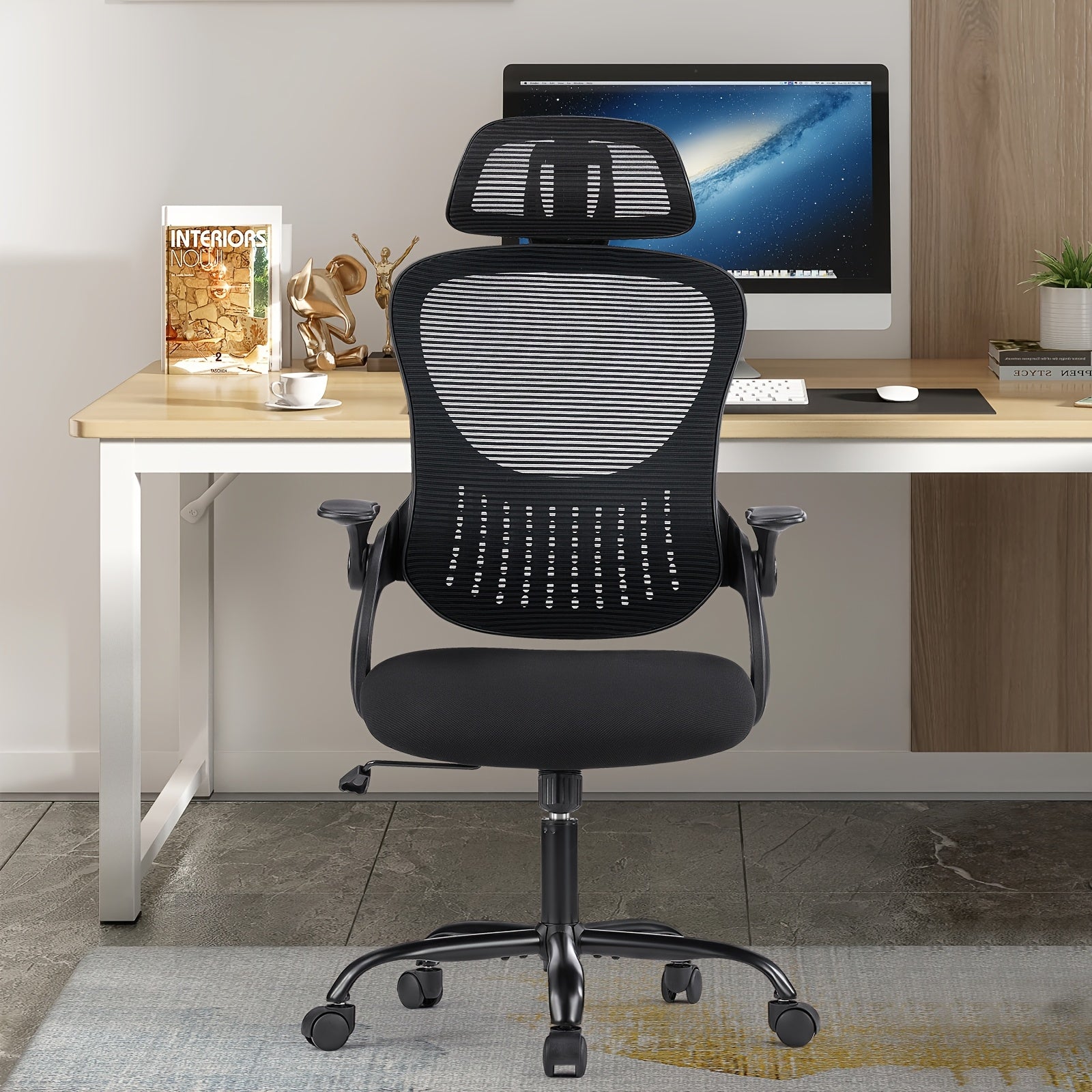 Home Office Desk Chair, Ergonomic High-Back Mesh Rolling Work Computer Chairs with Wheels and Adjustable Headrests, Comfortable Lumbar Support, Comfy Flip-up Arms for Bedroom, Study