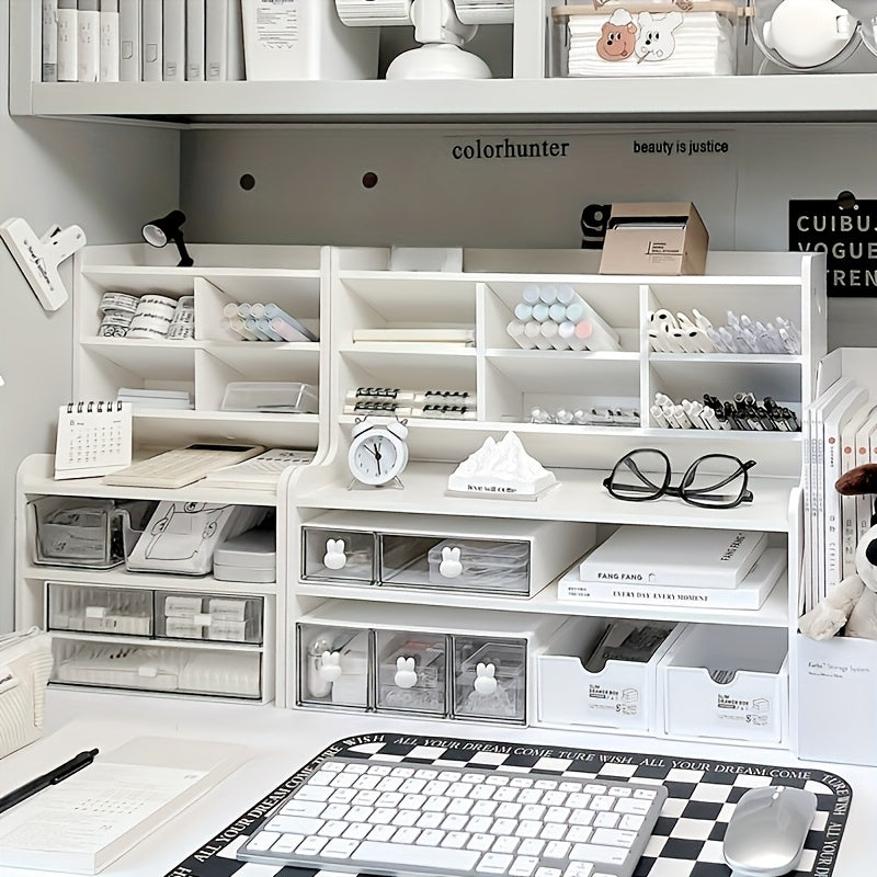1pc 2-Tier Desk Organizer & Drawer Storage|with Tilt Pen Holder, Raised Bookshelf |Matte White PVC for Stationery, Cosmetics, Office Supplies |Space-Saving Partition Box Dormitory Storage Box\u002Fmodern\u002Fpartition Storage Box, Desk Sto...