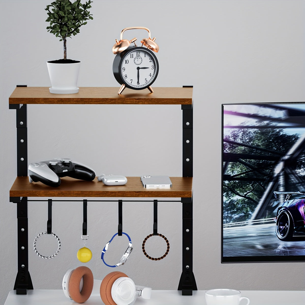 Clamp On Desk Organizer Shelf, Metal Desk Extender Side Table, 13 Inch Clamp-on Above Or Under Desktop Storage Shelf, 2 Tier Adjustable Desk Extension Shelving Unit for Table Accessories