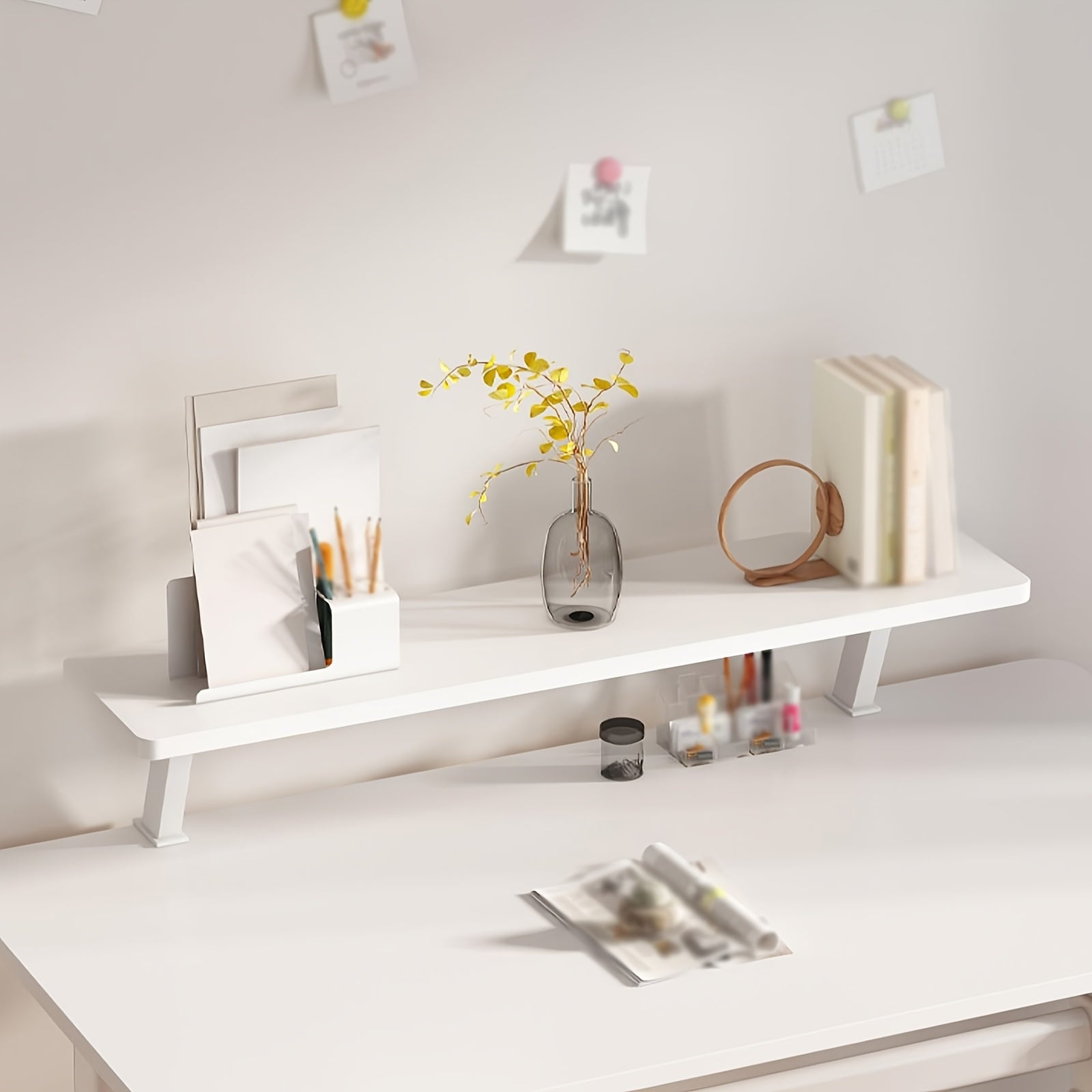 No Drill Clamp-On Desk Organizer Shelf - White Portable Above Desk Storage with Clamp-On Bookcase Rack, Space-Saving Shelf for Home Office, Dorm, Workstation - Easy Installation (No Screws) 23.62inch