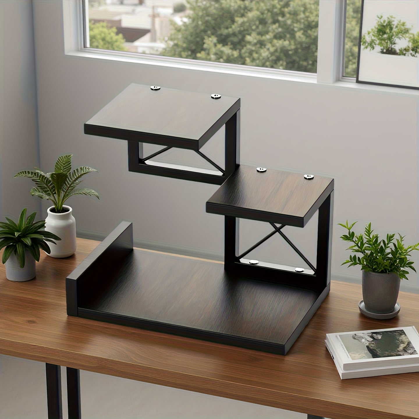 3-layer Rural Style Wooden Desktop Storage Rack - Circular Desktop Storage Rack with Decorative Top, Saving Space for Office Bookshelves, Suitable for Home Decoration And Desktop Accessories, Workspace Organization, Rustic Decor, Durable Wood