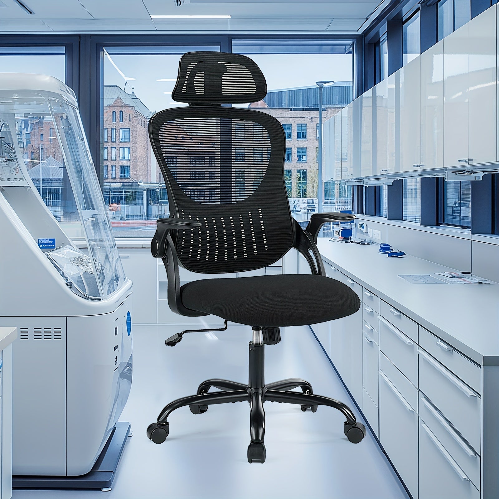 Ergonomic High Back Mesh Chair with Adjustable Headrest, Flip-up Armrests And Lumbar Support-Stainless Steel Frame, Comfortable Padded Seat On 5 Wheels for Easy Mobility-Ideal for Lab Workers