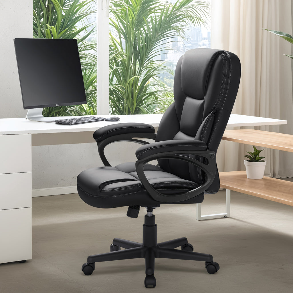 on Ergonomic Executive Office Chairs Featuring a High Back, Adjustable Height, Leather Upholstery, a Comfortable Headrest, Thick Cushioned Armrests, And Lumbar Support. Ideal for Both Home And Office Use