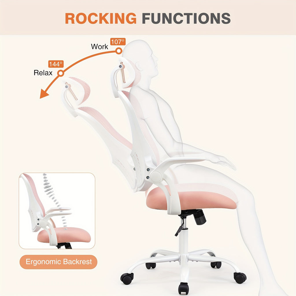 Ergonomic Gaming Chair Ergonomic Office Desk Computer Chair, High Back Comfy Swivel Home Gaming Mesh Chairs With Wheels, Adjustable Headrest, Comfortable Lumbar Support, Flip-up Arms, 144° Tilt For Study