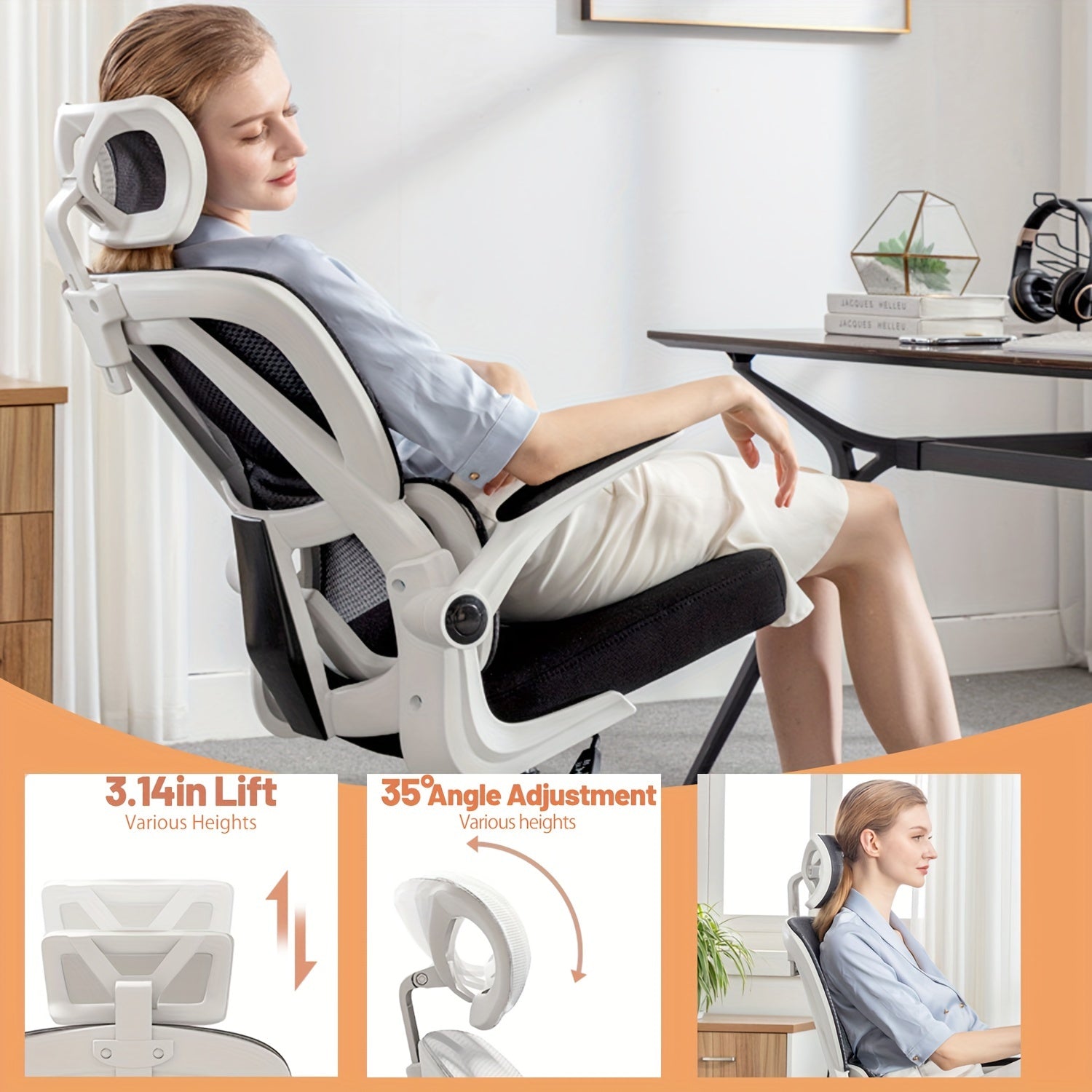 XUEGW Ergonomic Office Chair for Comfort at Home, Adjustable High Back Mesh Chair with Lumbar Support And Flip-Up Arms, Ideal for Work, Study, And Gaming