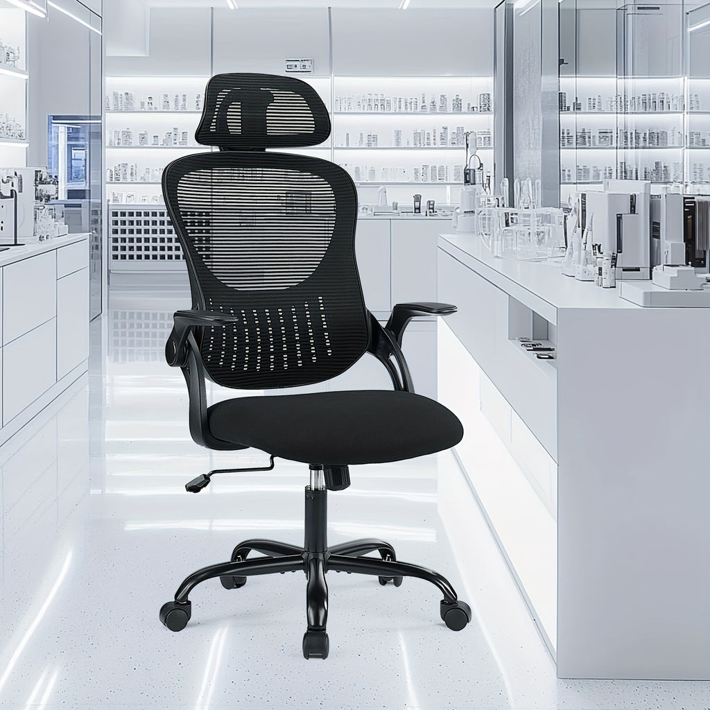 Ergonomic High Back Mesh Chair with Adjustable Headrest, Flip-up Armrests And Lumbar Support-Stainless Steel Frame, Comfortable Padded Seat On 5 Wheels for Easy Mobility-Ideal for Lab Workers
