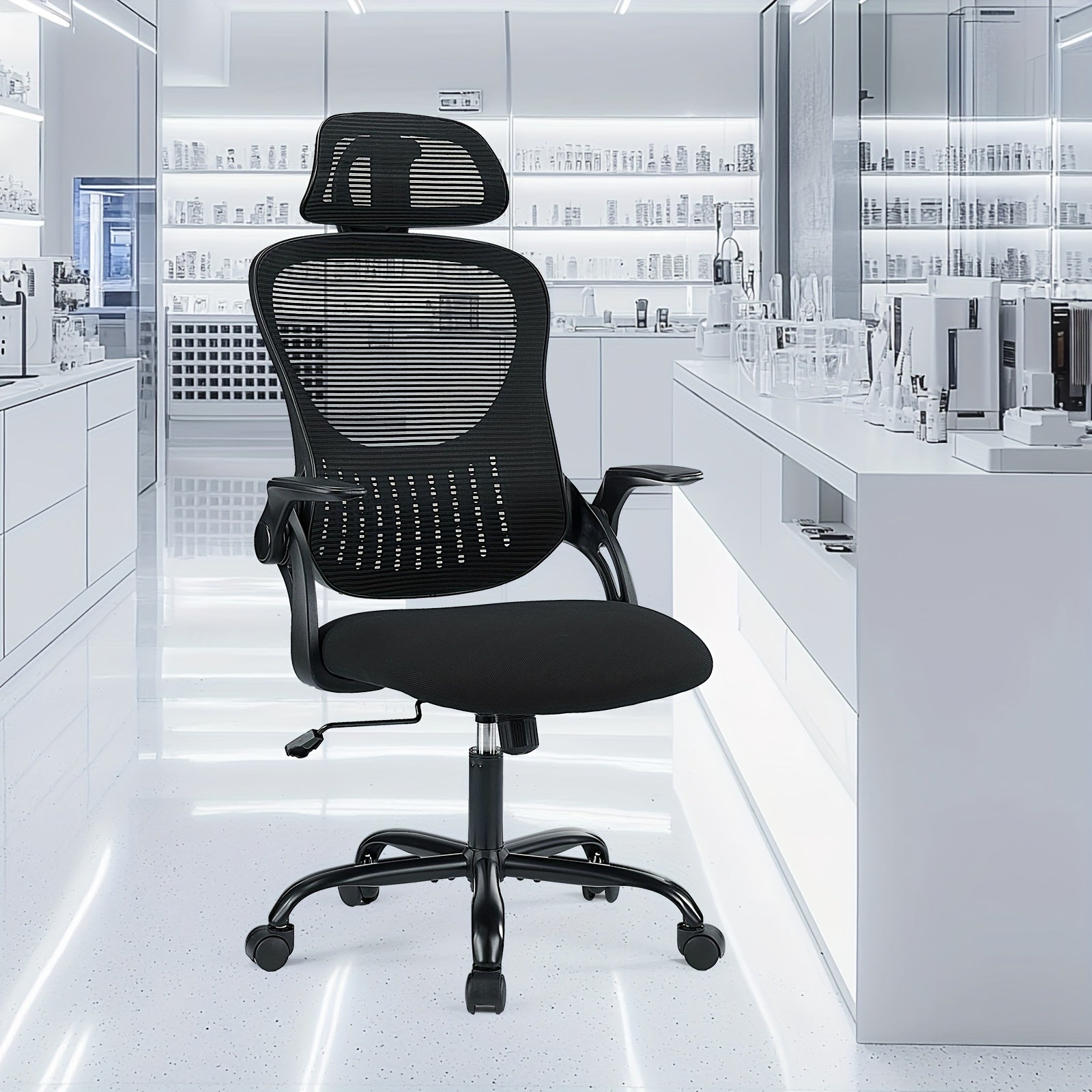 Ergonomic High Back Mesh Chair with Adjustable Headrest, Flip-up Armrests And Lumbar Support-Stainless Steel Frame, Comfortable Padded Seat On 5 Wheels for Easy Mobility-Ideal for Lab Workers