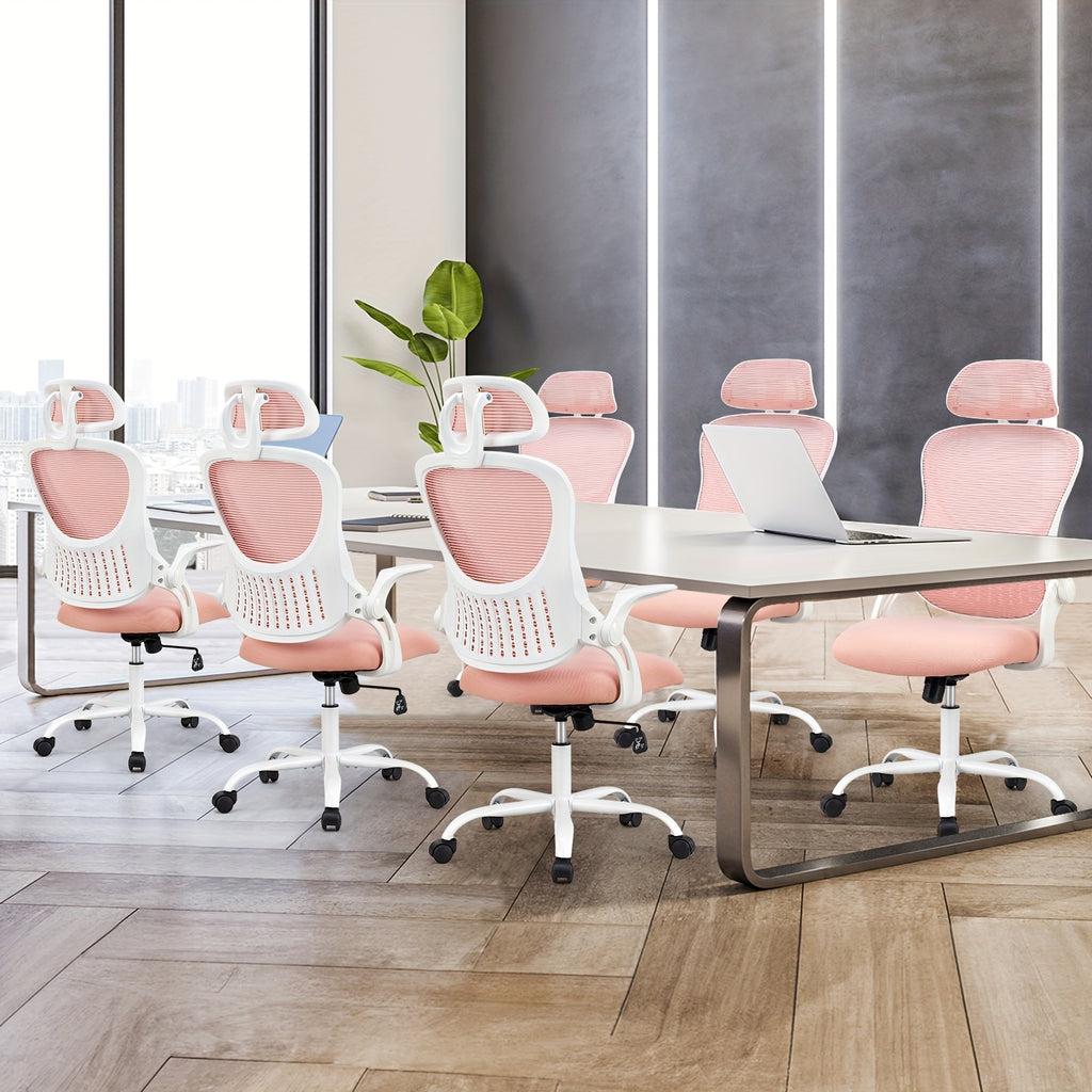 Ergonomic Gaming Chair Ergonomic Office Desk Computer Chair, High Back Comfy Swivel Home Gaming Mesh Chairs With Wheels, Adjustable Headrest, Comfortable Lumbar Support, Flip-up Arms, 144° Tilt For Study
