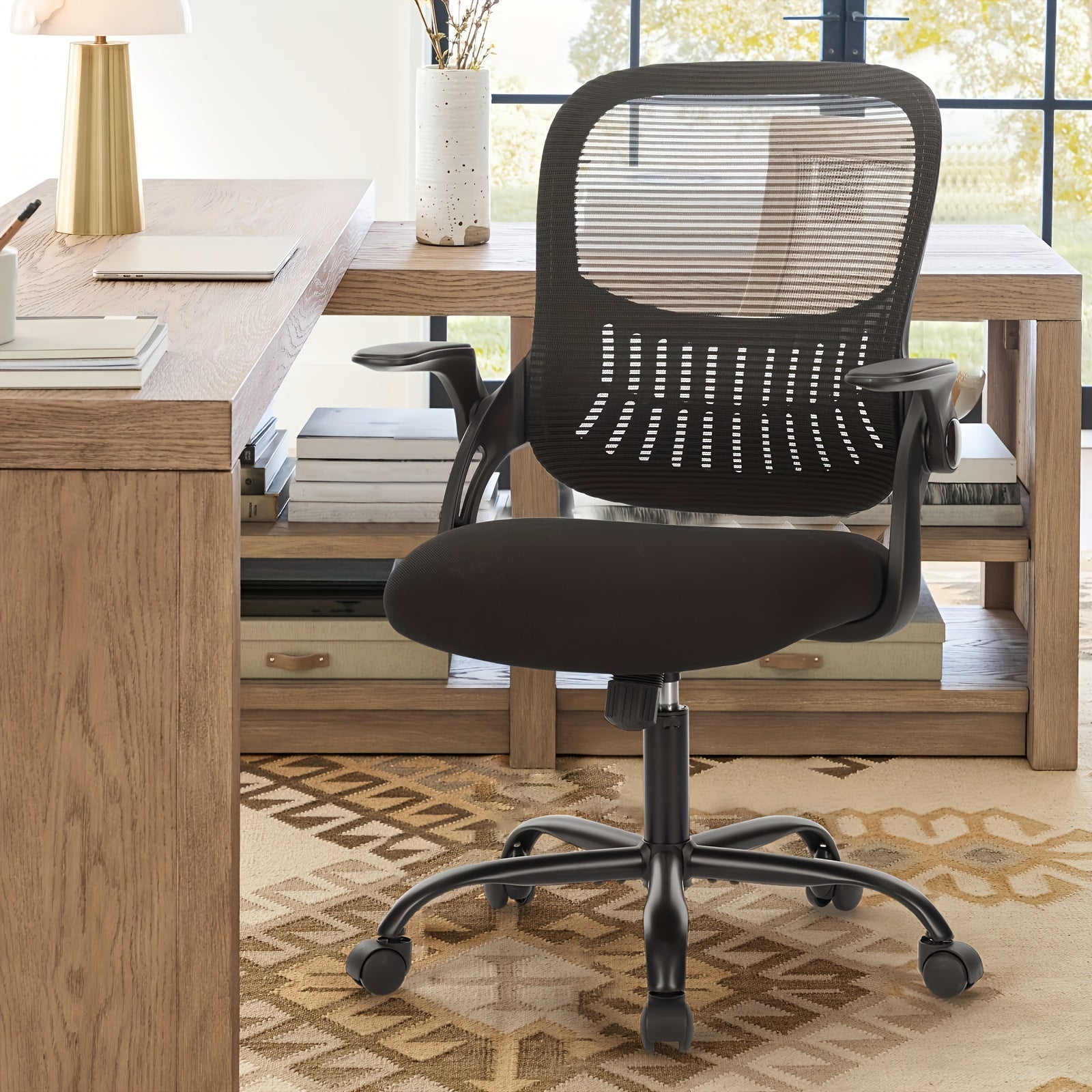 Office Computer Desk Chair, Ergonomic Mid-Back Mesh Rolling Work Swivel Task Chairs with Comfortable Lumbar Support, Wheels, Comfy Flip-up Arms for Home, Bedroom, Study, Student