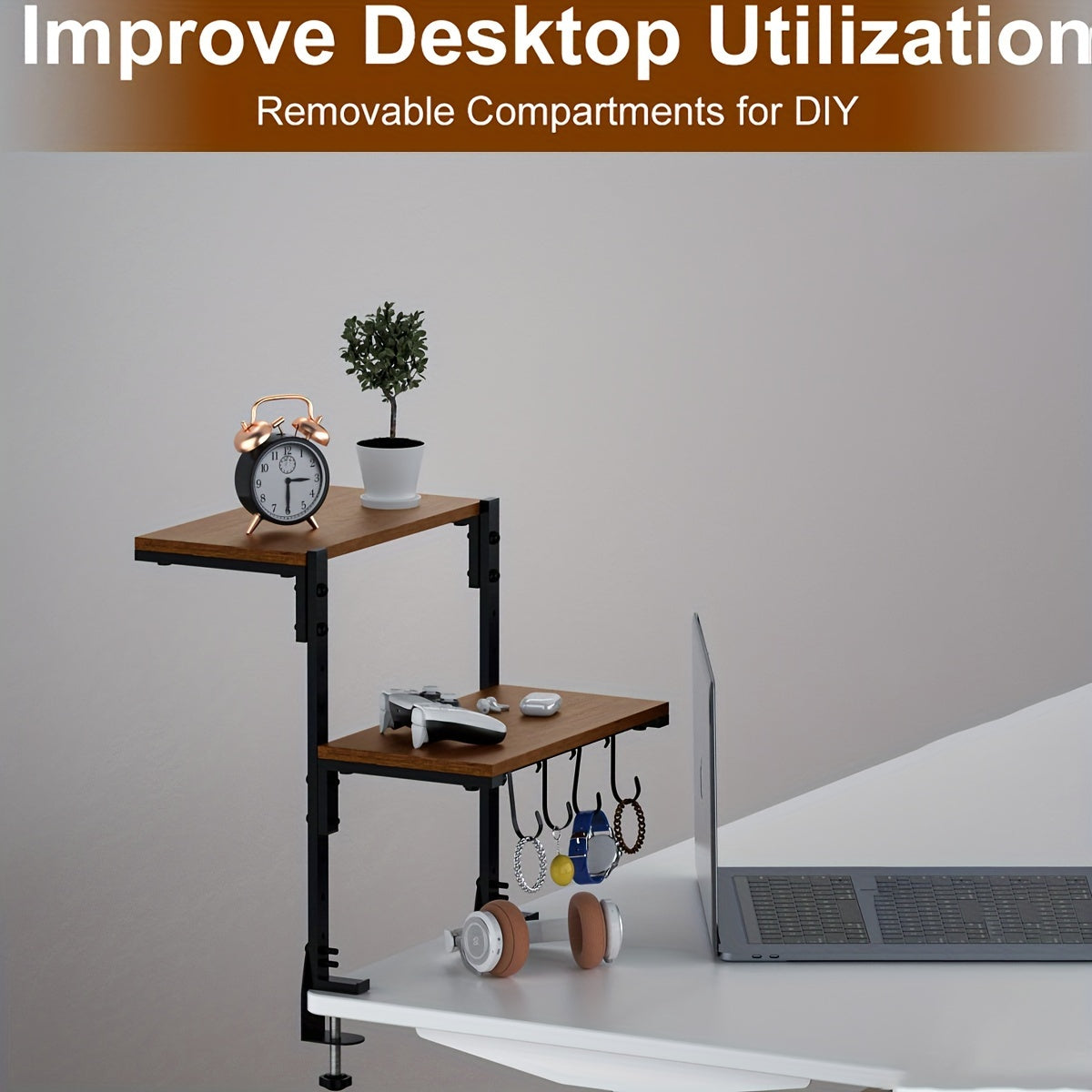 Clamp On Desk Organizer Shelf, Metal Desk Extender Side Table, 13 Inch Clamp-on Above Or Under Desktop Storage Shelf, 2 Tier Adjustable Desk Extension Shelving Unit for Table Accessories