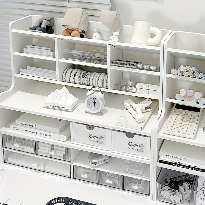 1pc 2-Tier Desk Organizer & Drawer Storage|with Tilt Pen Holder, Raised Bookshelf |Matte White PVC for Stationery, Cosmetics, Office Supplies |Space-Saving Partition Box Dormitory Storage Box\u002Fmodern\u002Fpartition Storage Box, Desk Sto...