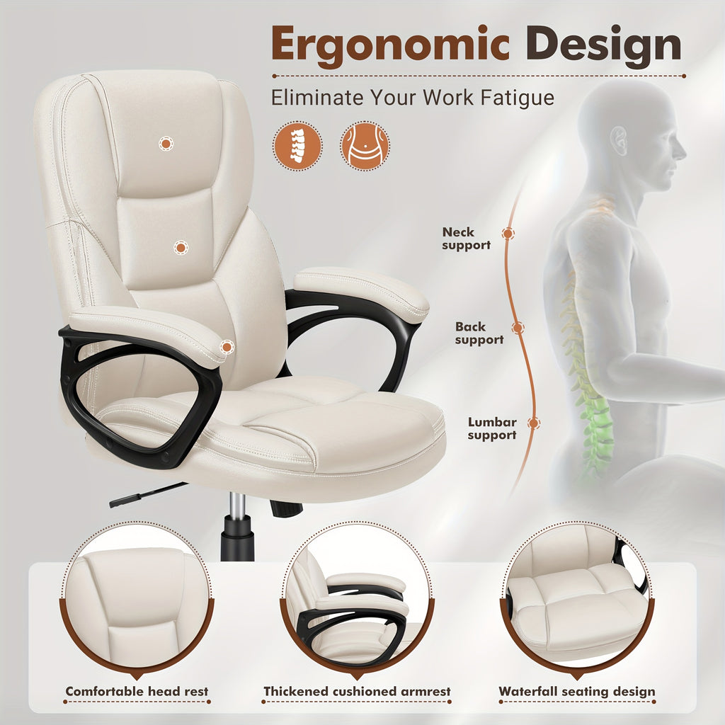 on Ergonomic Executive Office Chairs Featuring a High Back, Adjustable Height, Leather Upholstery, a Comfortable Headrest, Thick Cushioned Armrests, And Lumbar Support. Ideal for Both Home And Office Use